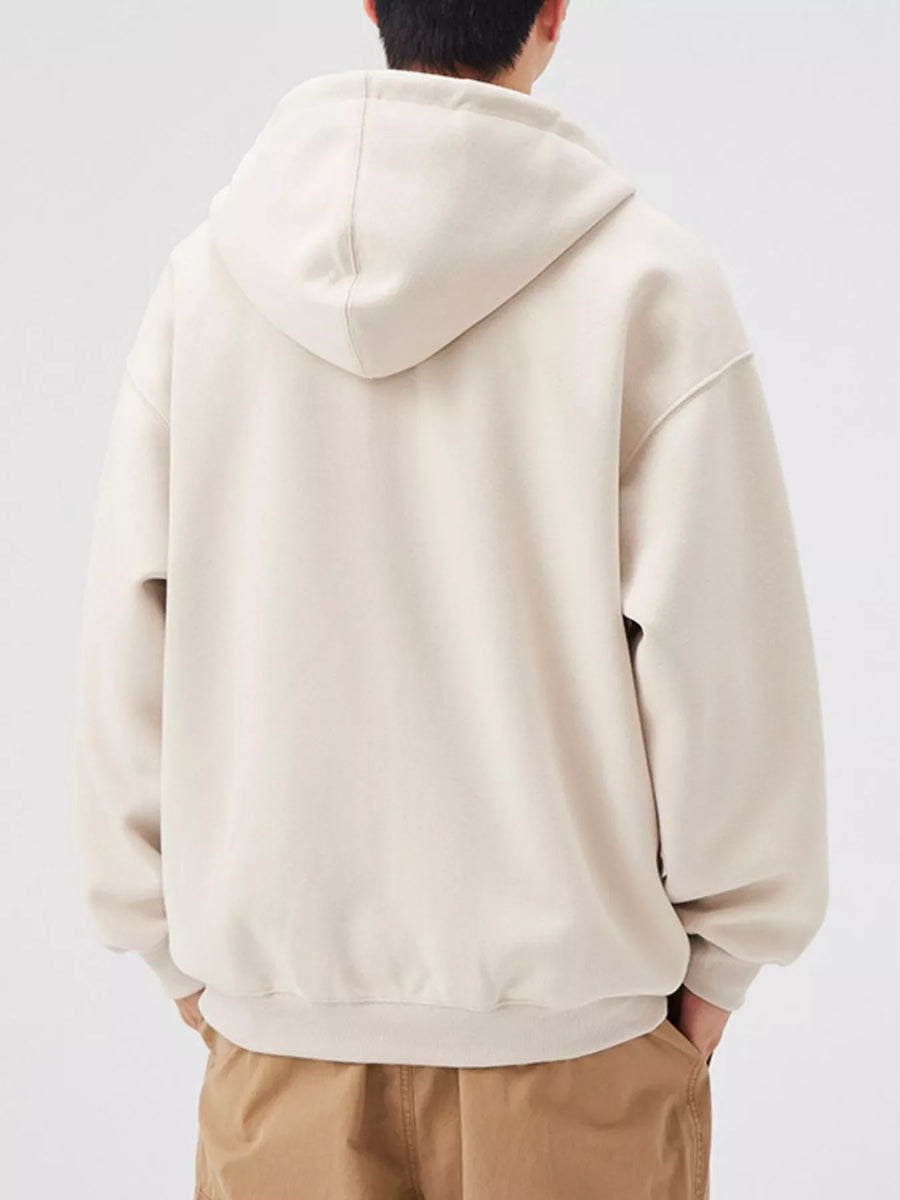 Apricot casual loose fit zip-up hoodie with hood and ribbed cuffs.