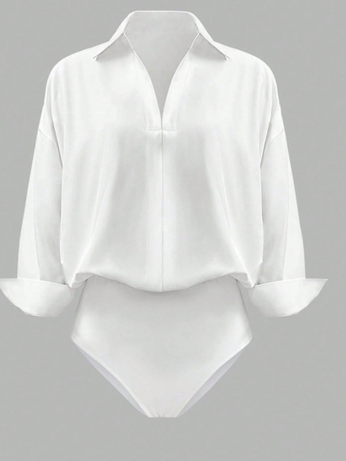 White collared long sleeve bodysuit with cuffed sleeves and a deep V-neckline.