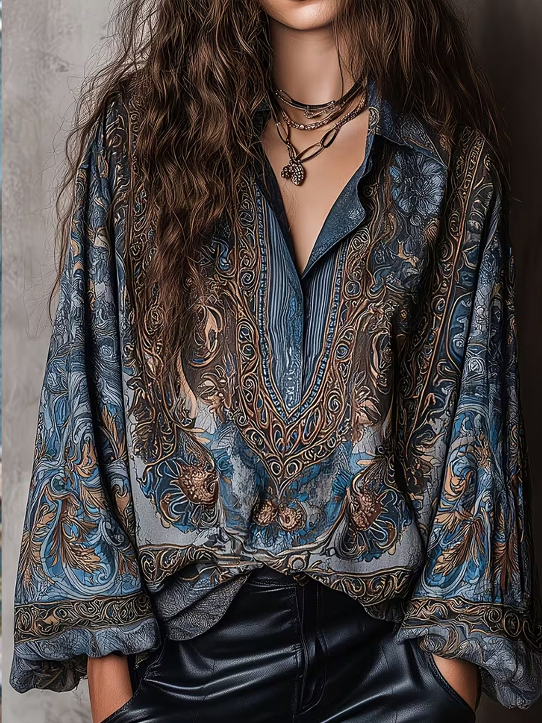 teal blouse with ornate-print and collared