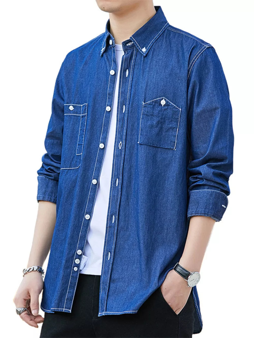 Dark blue 100% cotton denim shirt with contrast stitching and dual chest pockets.