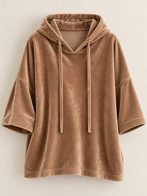 Velvet Half Sleeve Hoodie Plus Size in Black with drawstring