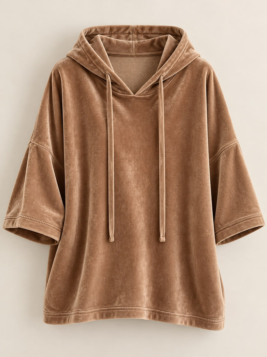 Velvet Half Sleeve Hoodie Plus Size in Black with drawstring