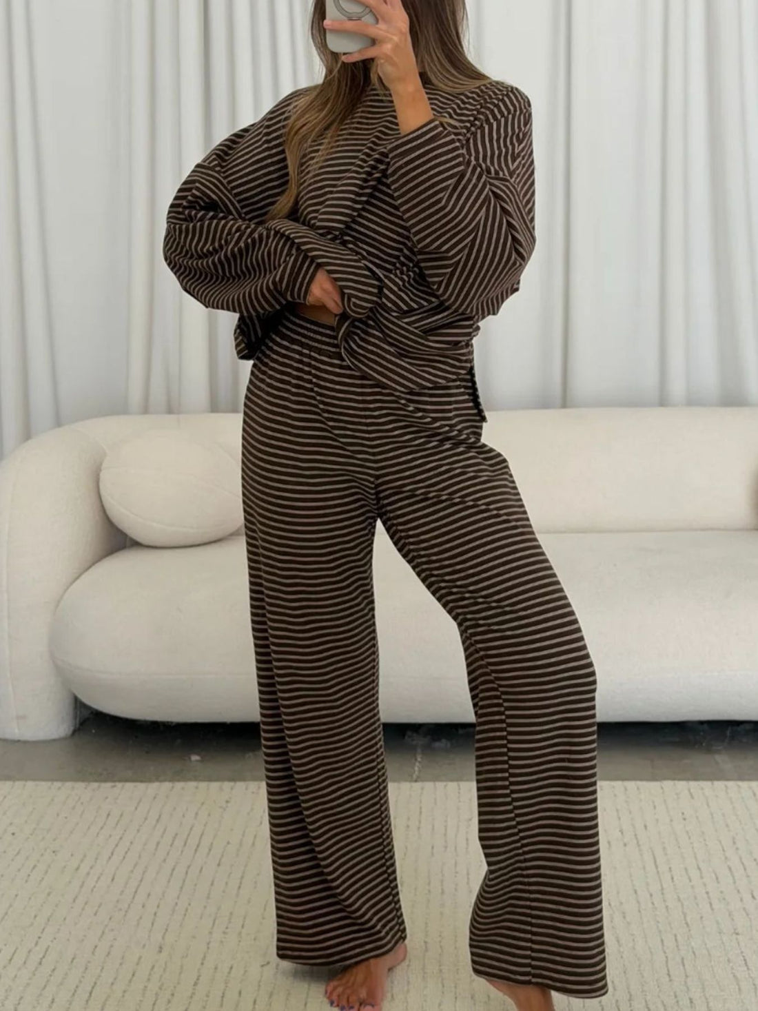 dark brown lounge set with striped and round neck
