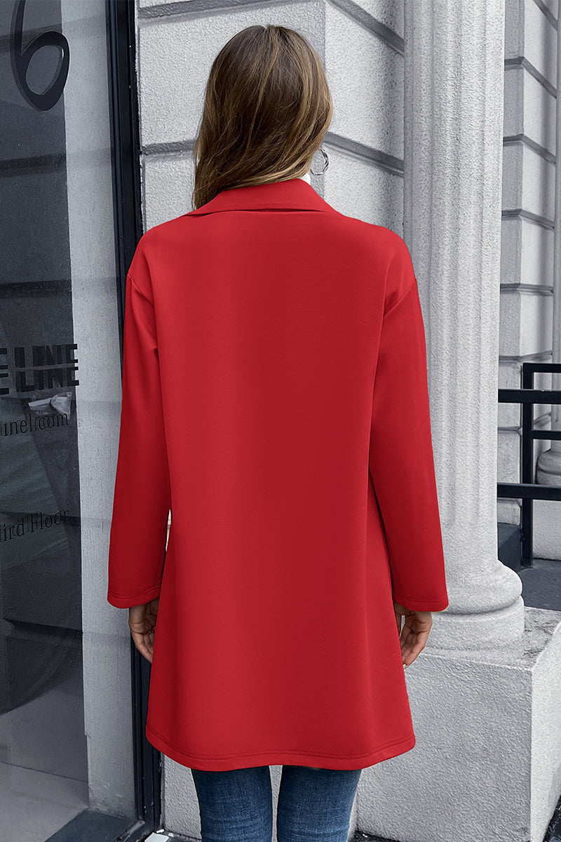 Red double-breasted soft-drape blazer coat with a relaxed fit and notched lapels.