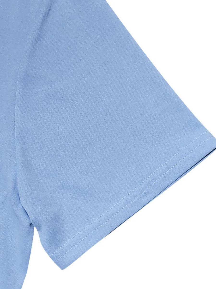 Light blue V-neck performance tee with short sleeves and double-stitched hem.