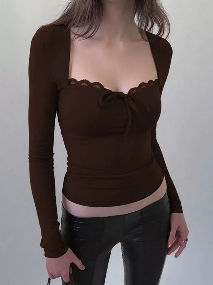 Brown long sleeve tee with lace trim and tie-front detail