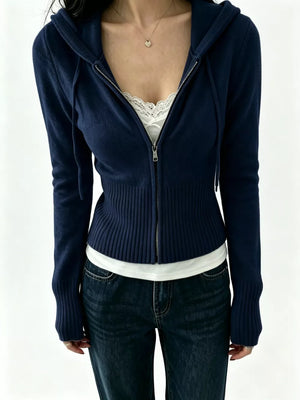 Navy Blue zip hoodie with zipper and long sleeve