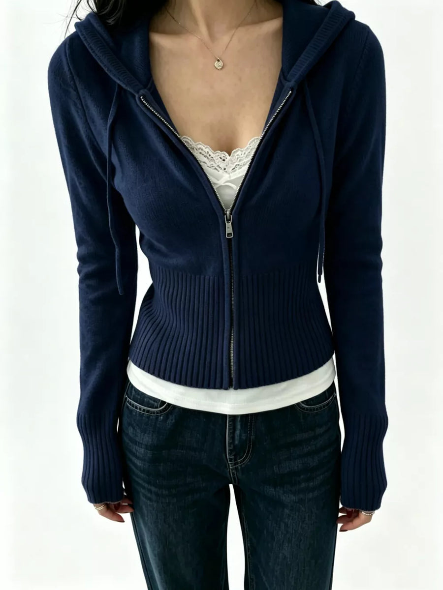 Navy Blue zip hoodie with zipper and long sleeve