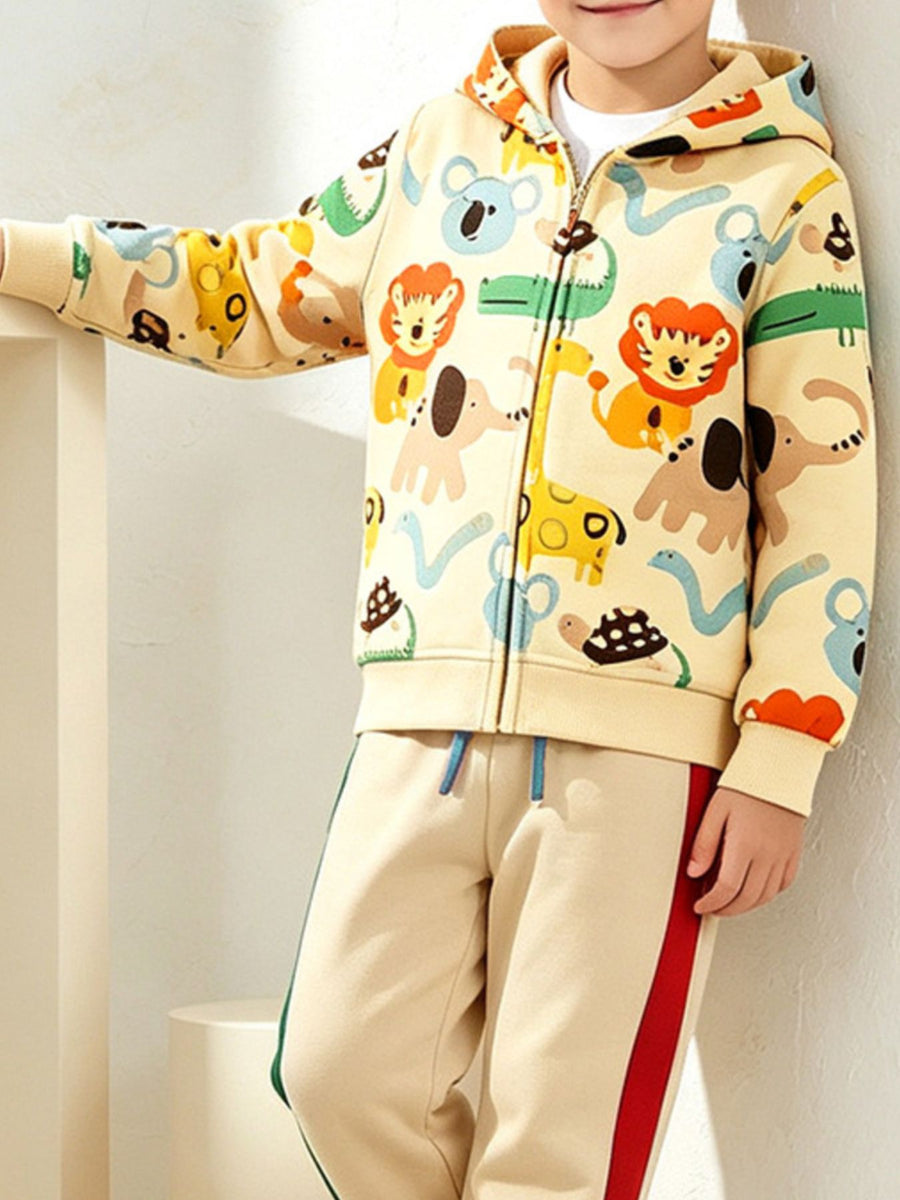 beige tracksuit featuring drawstring and cartoon animal print