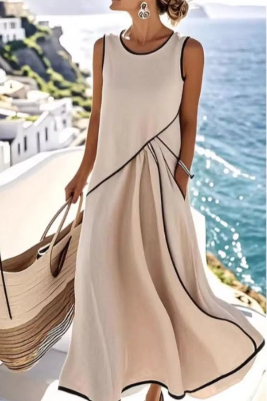Beige maxi dress with black contrast trim, sleeveless, round neck, and flowing skirt.
