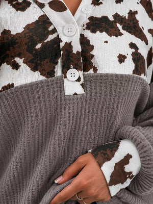 Dark Gray blouse with half-button and cow-print