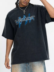 Washed Black, Crew-neck Graphic Oversized Vintage Top in Washed Black