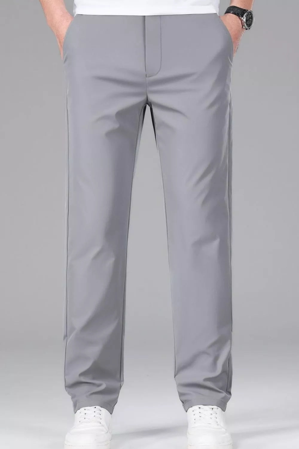 Men's gray slim-fit stretch dress pants with a clean, modern cut.