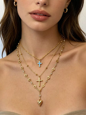 18k Gold-plated Layered Cross And Heart Necklace in gold with layered