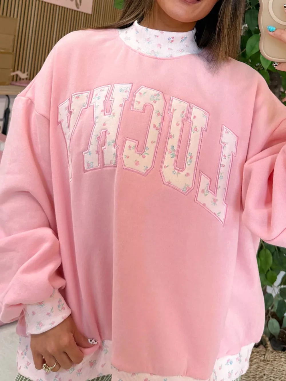 Blush Pink with High Neck Floral Patch Embroidery Sweatshirt
