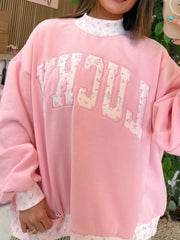 Blush Pink with High Neck Floral Patch Embroidery Sweatshirt