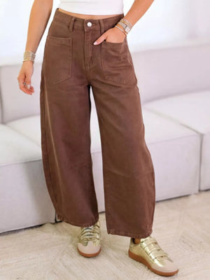 50%cotton, 50%spandex Care instructions: Machine wash cold wide-leg jeans in Dark Brown with wide-leg silhouette