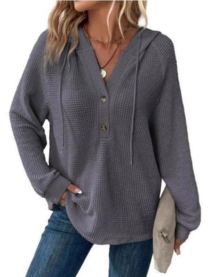 Pink Full Size Waffle Knit Half-button Hoodie Plus Size