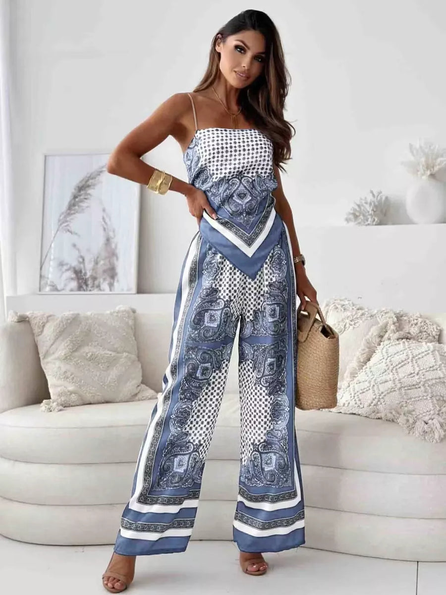 Printed cami and wide-leg pants set in blue with a paisley and polka dot pattern.