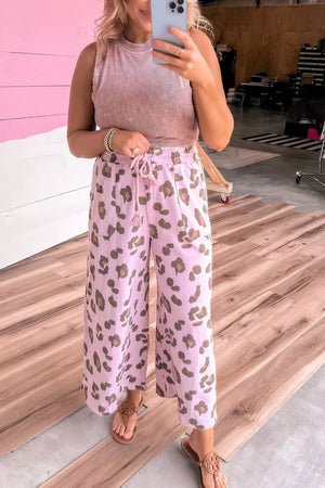 Drawstring Leopard Print Patch Pocket Pants in Dusty Pink