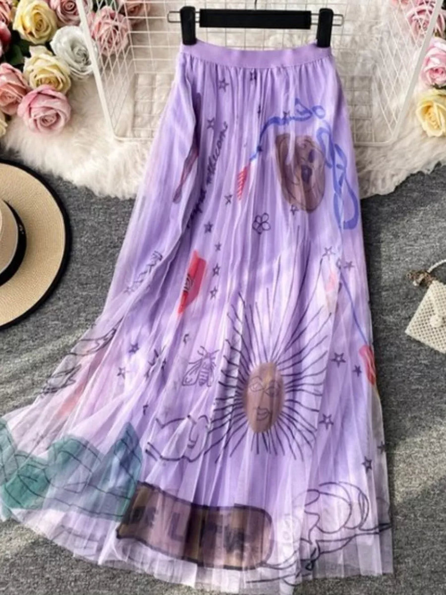 Purple tulle midi skirt with abstract sunburst print and pleats