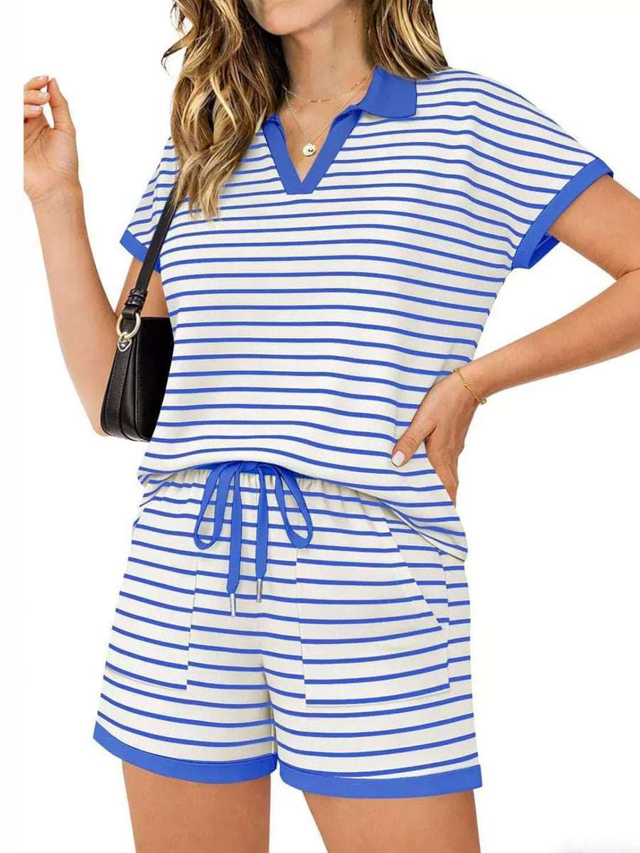 Blue striped polo shirt and drawstring shorts loungewear set with pockets.