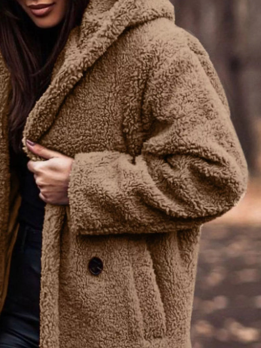 Brown teddy bear longline coat with button detail and hood.