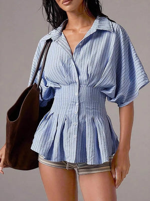 Sky blue striped cinched waist maternity shirt with button-down front and dolman sleeves.