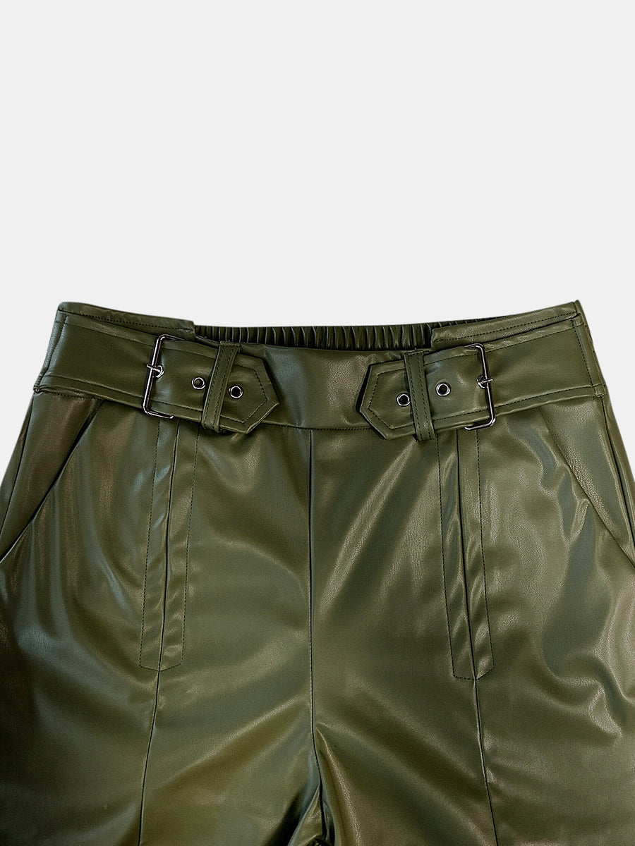 Moss faux leather palazzo trousers with belted waist and buckle detail
