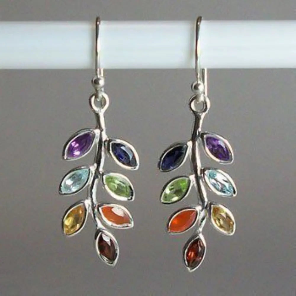 Gemstone leaf drop earrings in multicolor with silver alloy hooks.