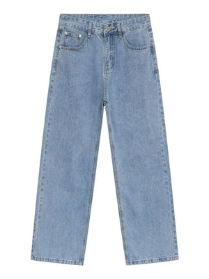 Light blue relaxed-fit denim jeans with subtle seam detail and a straight leg cut.
