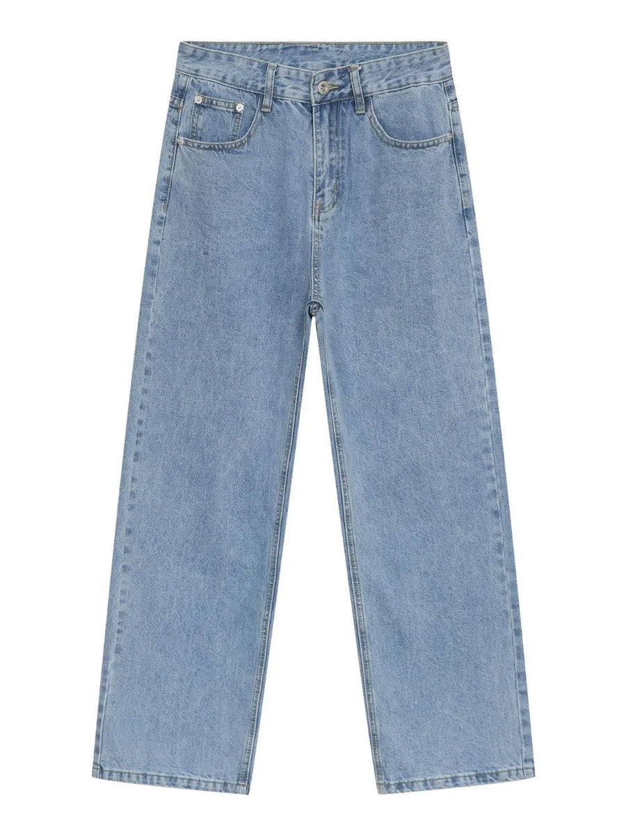 Light blue relaxed-fit denim jeans with subtle seam detail and a straight leg cut.
