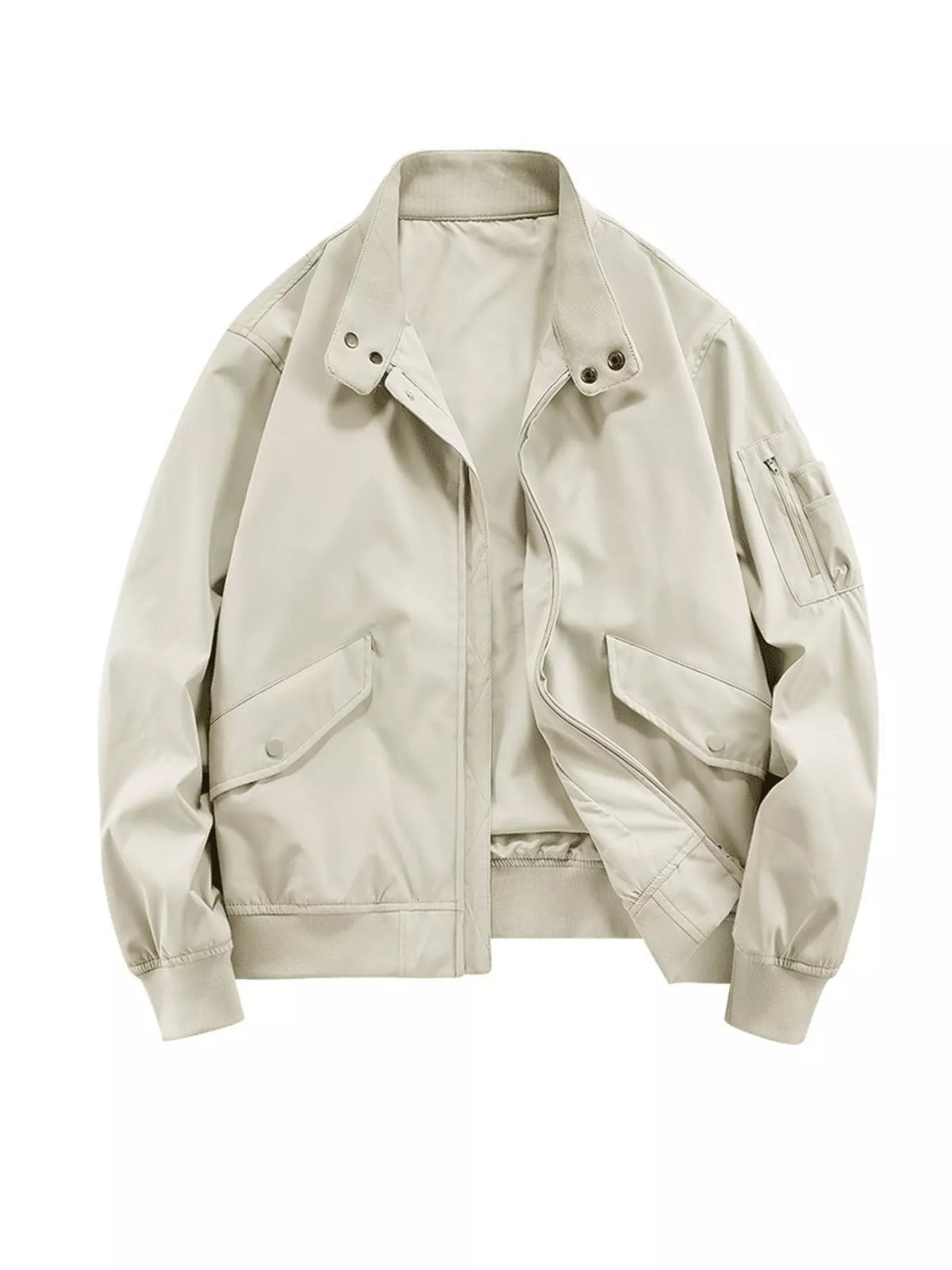 Beige gray lightweight zip bomber jacket with snap-flap pockets and zippered sleeve pocket.