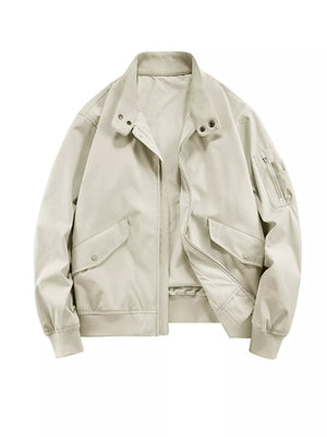Beige gray lightweight zip bomber jacket with snap-flap pockets and zippered sleeve pocket.