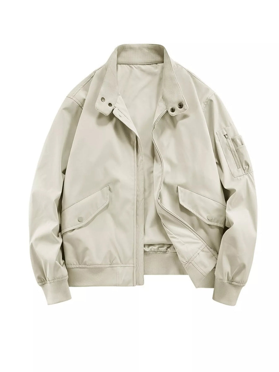 Beige gray lightweight zip bomber jacket with snap-flap pockets and zippered sleeve pocket.