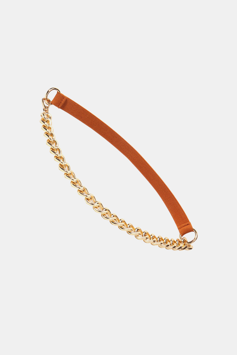 Brown elastic belt with gold chain detail and gold rings