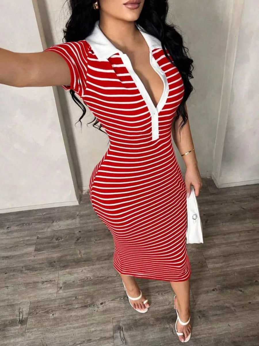 Red and white striped polo midi dress with button detail and white collar.
