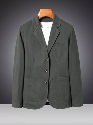 Men's military green cotton lapel blazer with button closure and patch pockets.