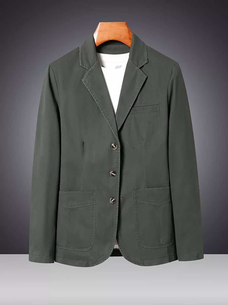 Men's military green cotton lapel blazer with button closure and patch pockets.