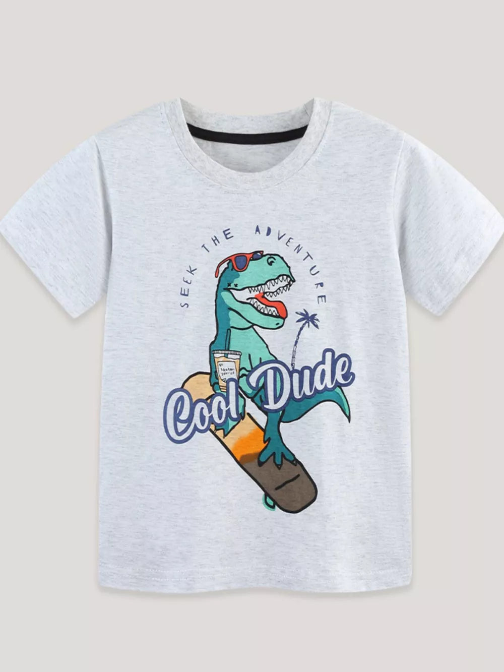 Light grey cotton t-shirt with a cool dinosaur graphic and "Cool Dude" text.