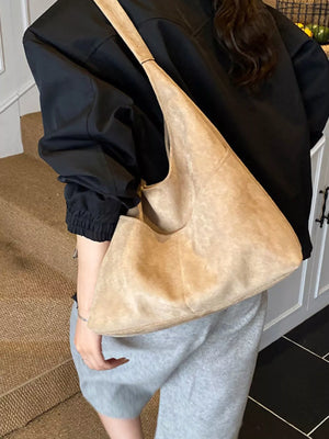 Large Khaki Suede Shoulder Bag with slouchy silhouette and single strap.