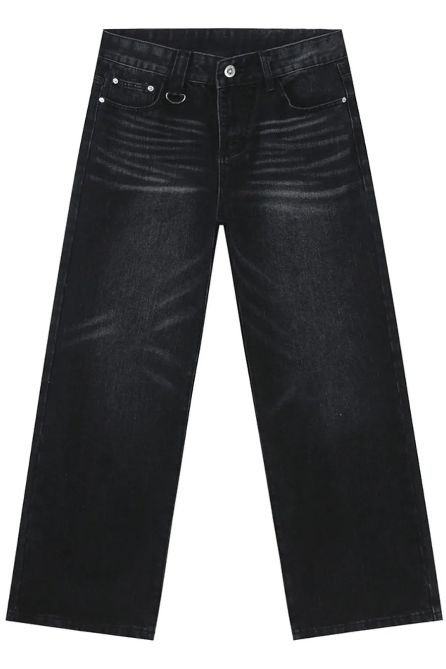 Dark wash wide leg denim jeans with distressed detailing and a D-ring detail.