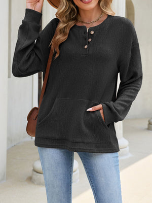 Black sweatshirt featuring waffle-knit and waffle-knit