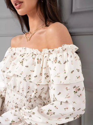 Blue with Off-shoulder Floral Ruffle Dress
