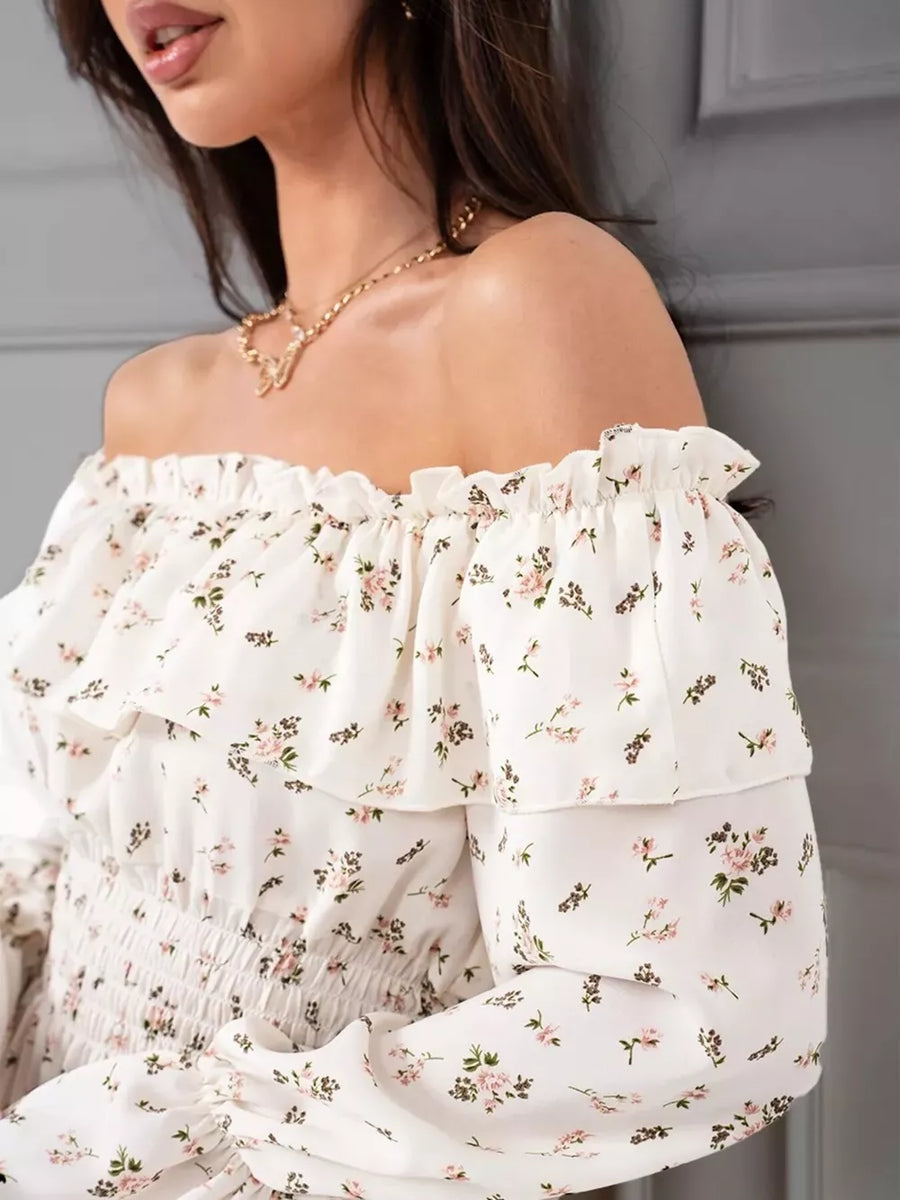 Blue with Off-shoulder Floral Ruffle Dress