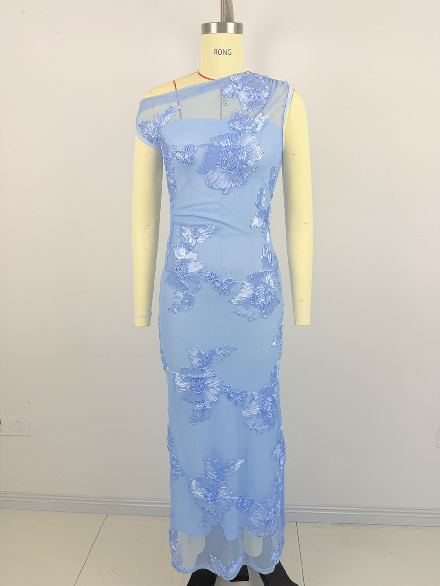 Black-Double-Sided Embroidery bodycon maxi dress with one-shoulder