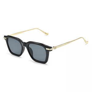 PC Frame material: Metal-plastic hybrid Lens material: Polycarbonate Temple mate sunglasses in dark gray with square