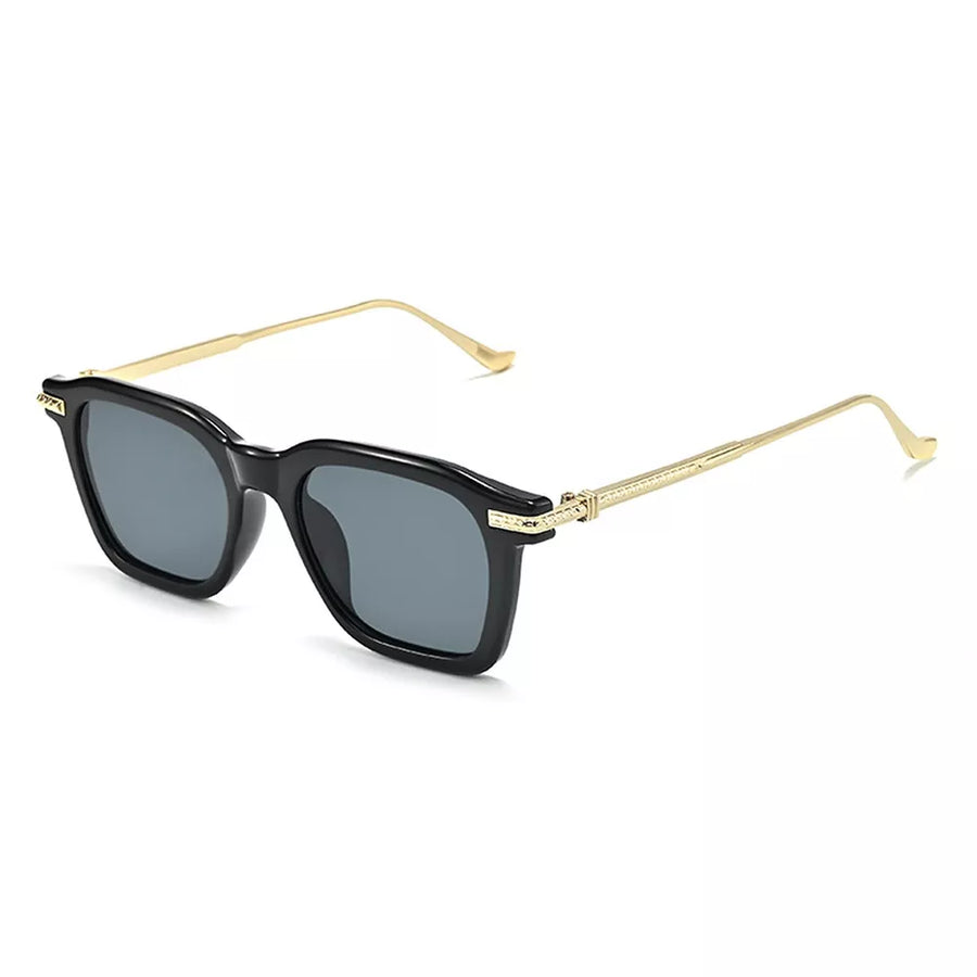 PC Frame material: Metal-plastic hybrid Lens material: Polycarbonate Temple mate sunglasses in dark gray with square