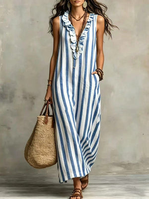 white maxi dress with striped and v-neck