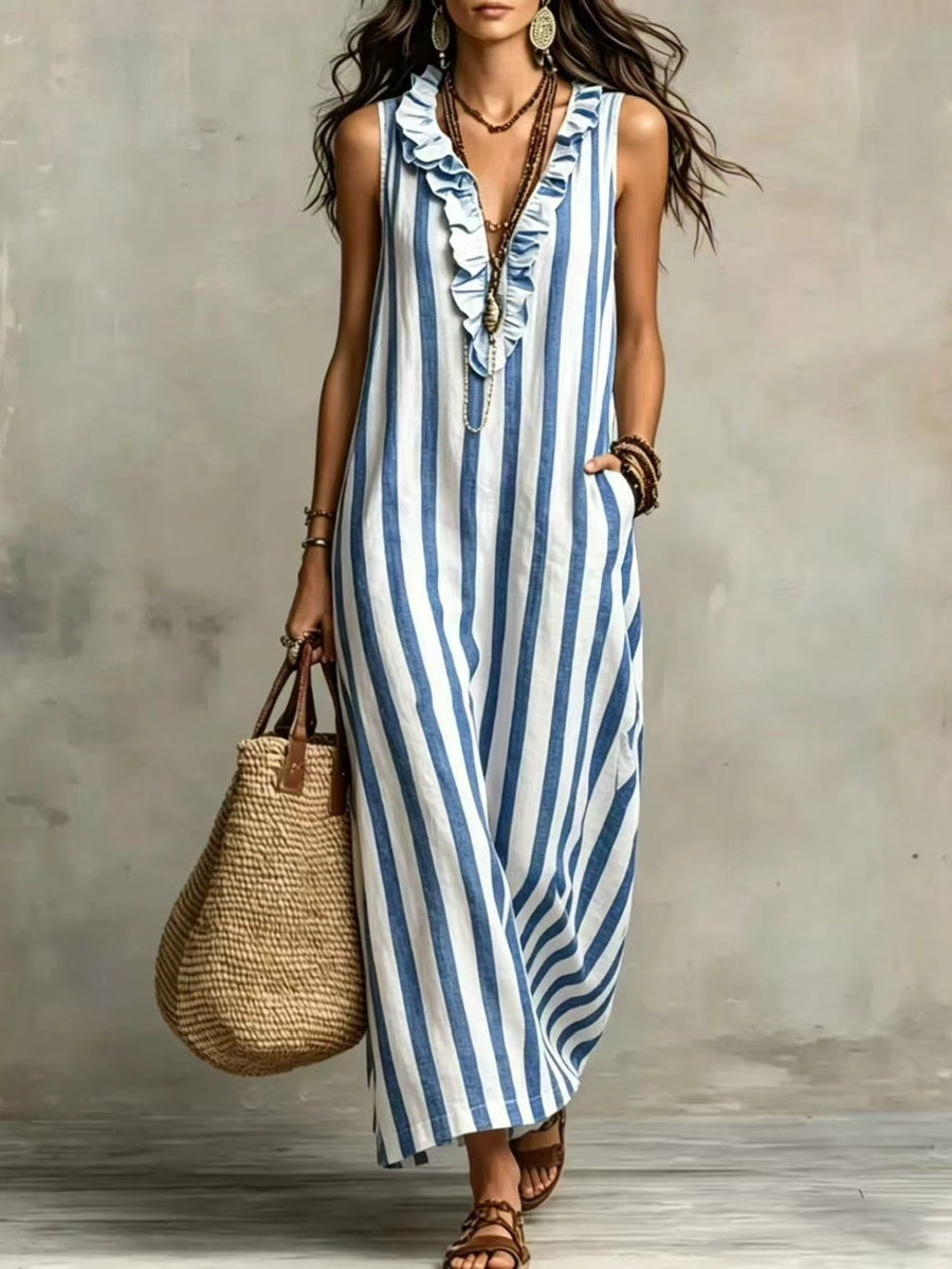 white maxi dress with striped and v-neck